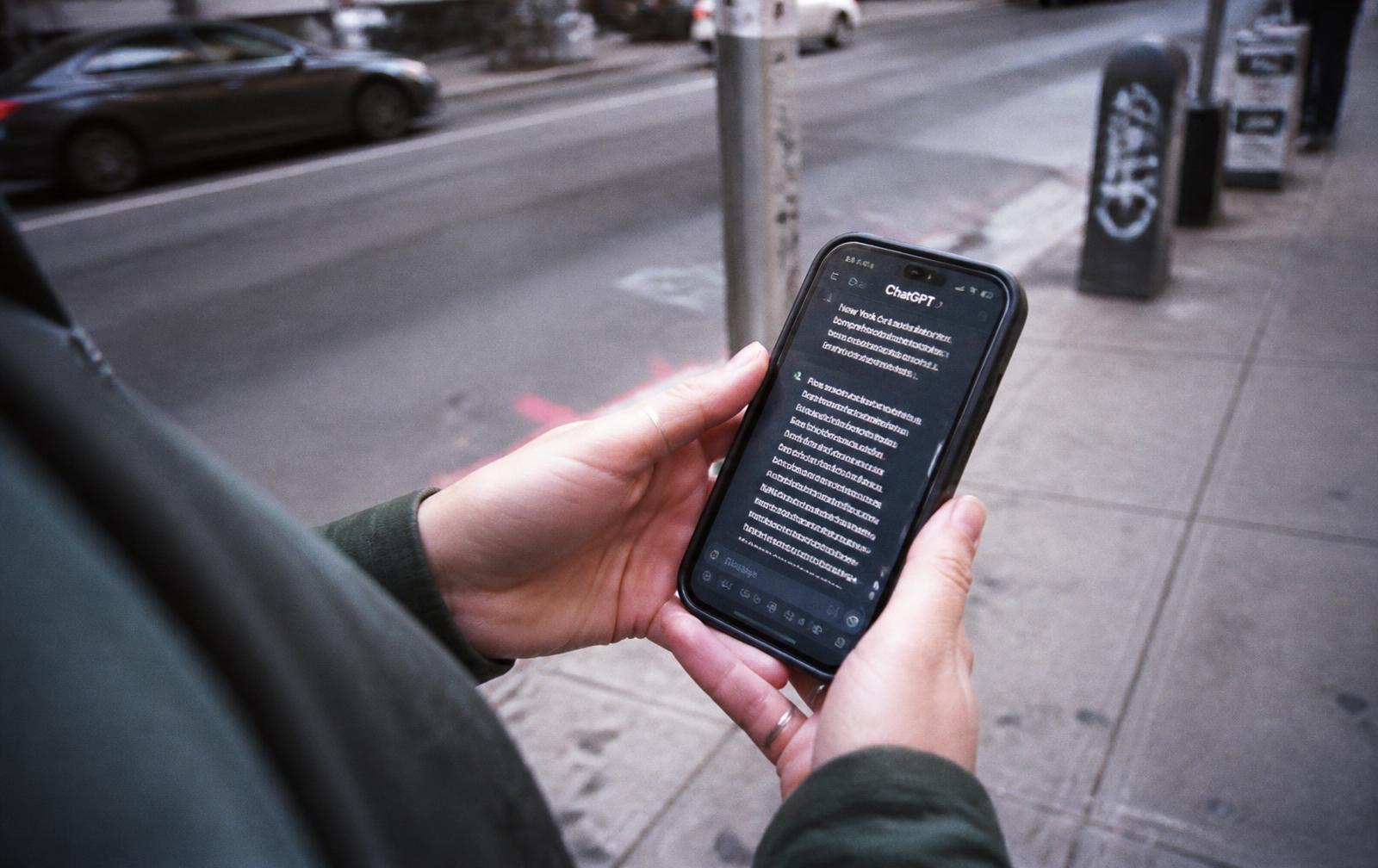 Hands holding a phone with an AI chat assistant open, standing on a city sidewalk