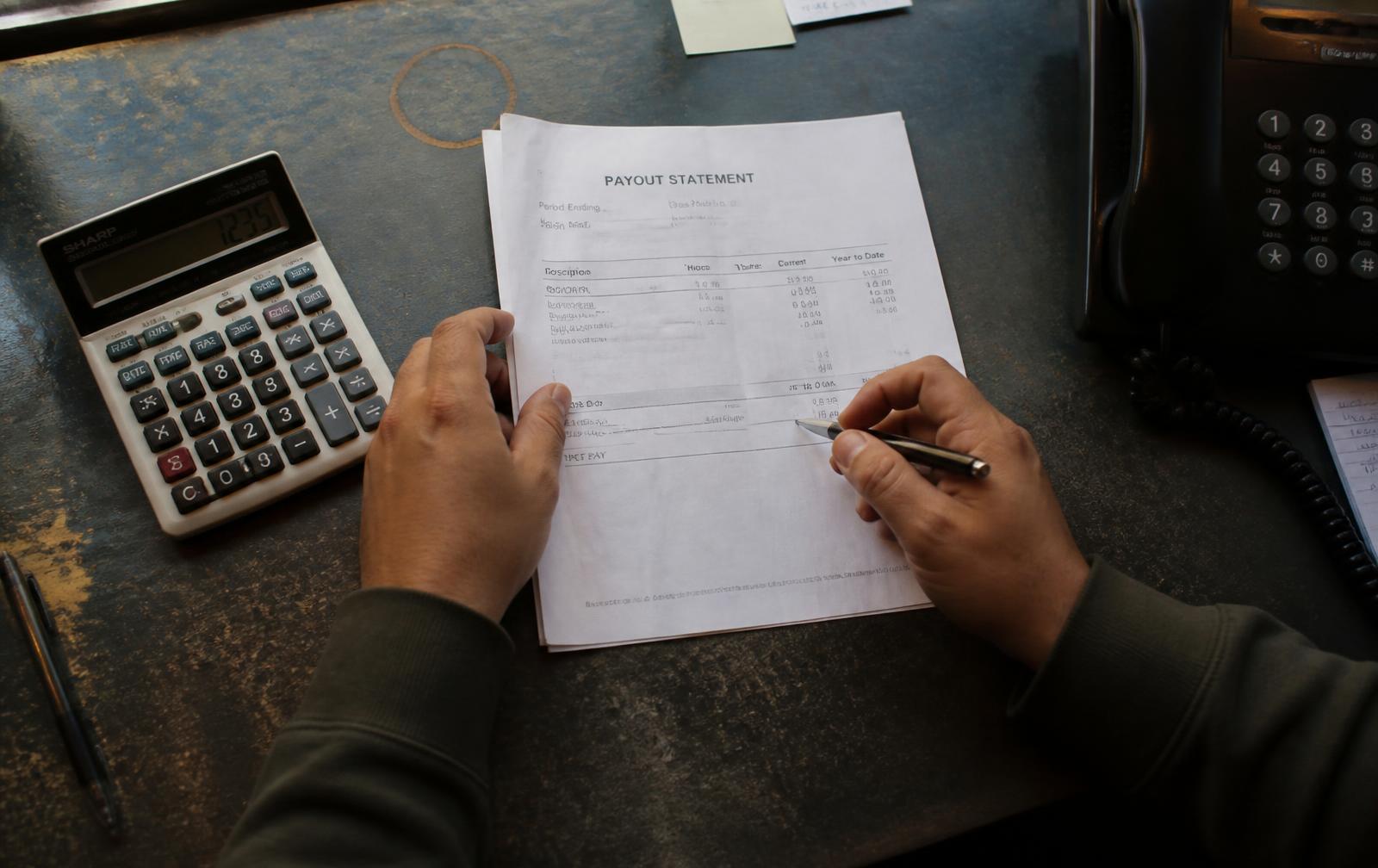 Hands reviewing a printed payout statement next to a calculator on a back office desk