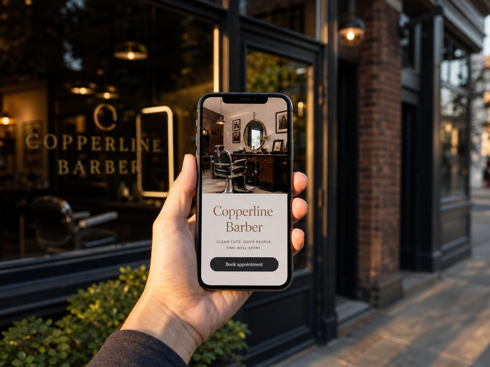 A phone showing an example barbershop's own booking site, held in front of the matching shop